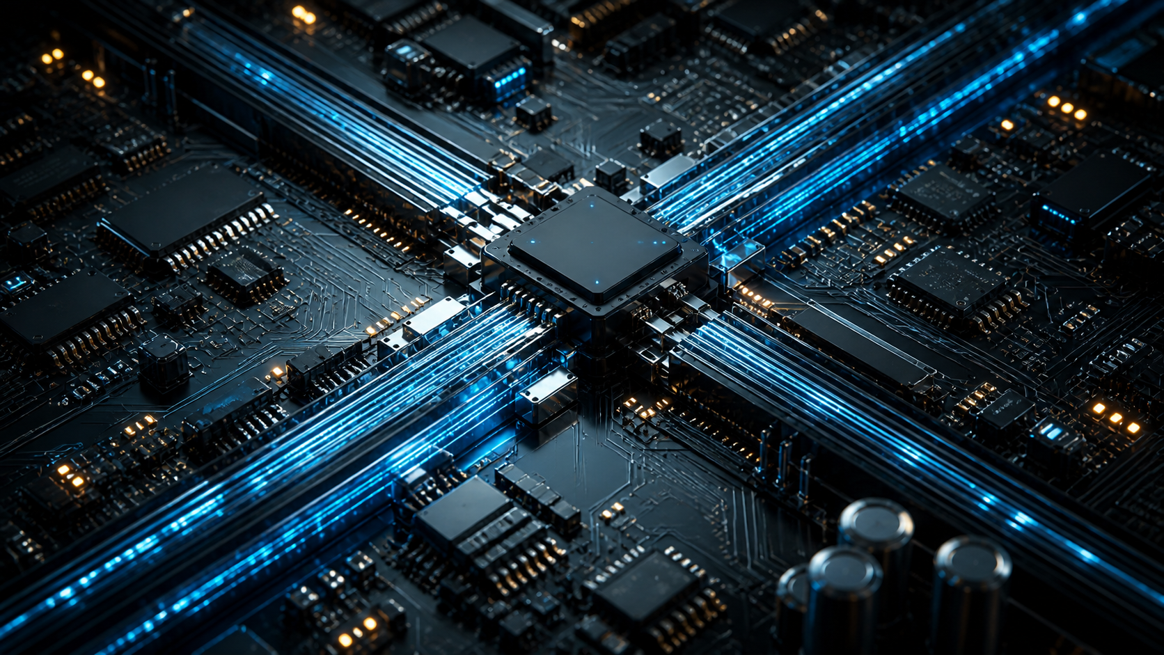 Zusammenlaufende Datenbahnen auf einer Computerplatine